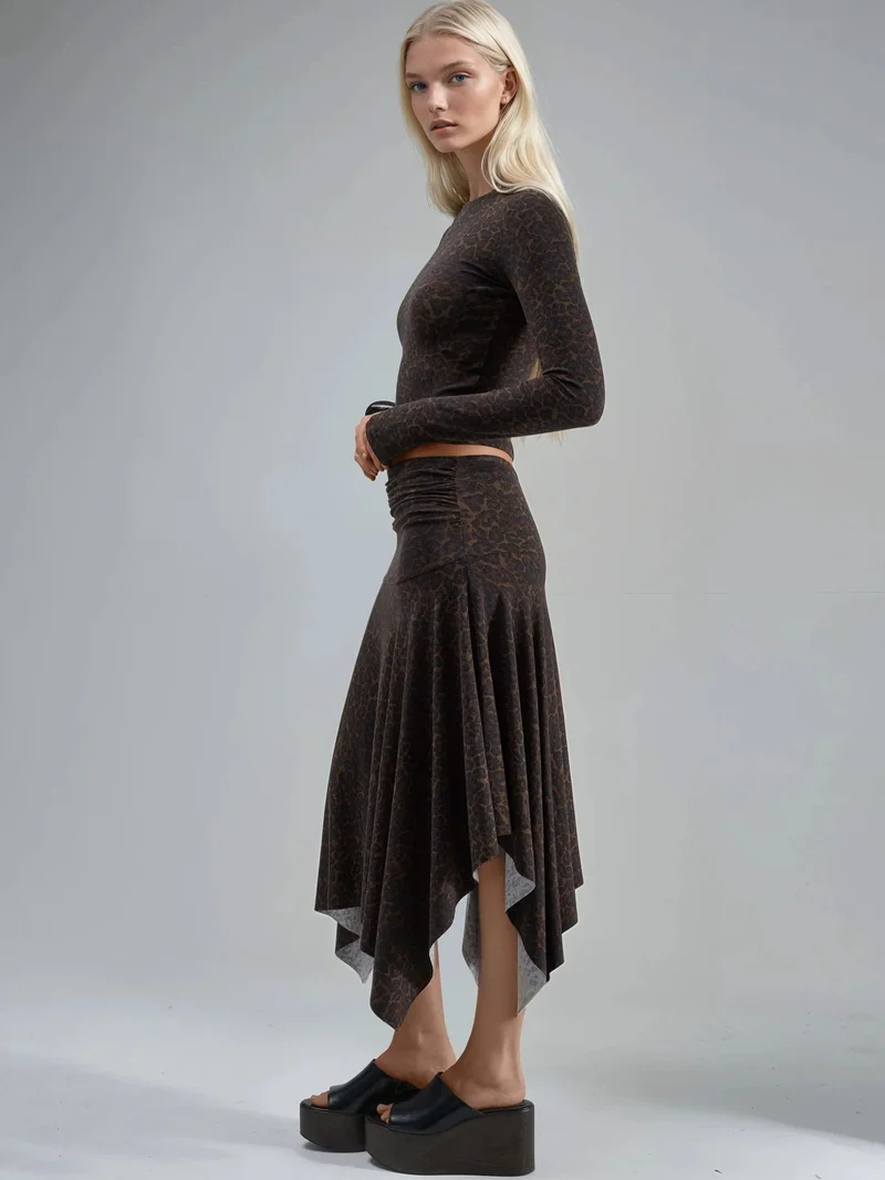 بوسيم BUSEM High Waist Leopard Print Asymmetrical Midi Skirt